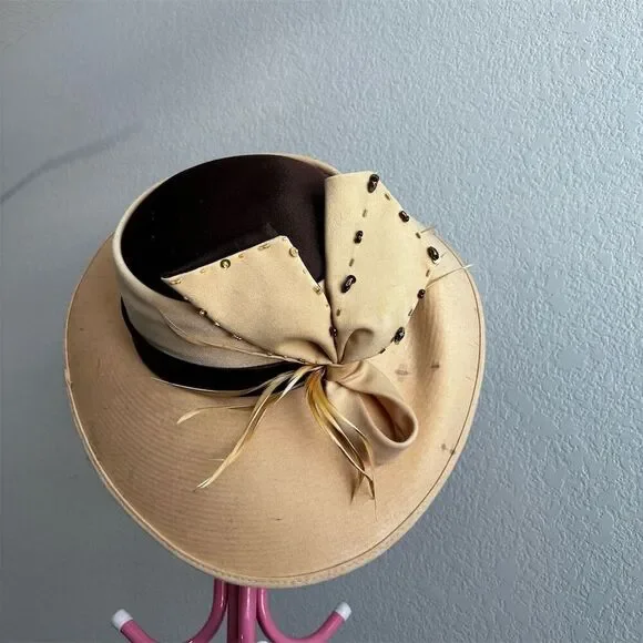 Midnight Velvet Vintage Beige Hat Beaded Bow & Feathers One Size - Picture 7 of 8